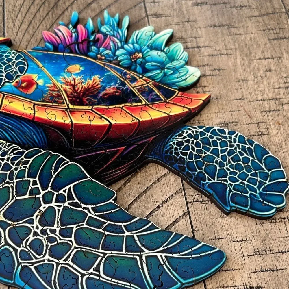 Colorful Sea Turtle Art 🖼️ Puzzle 🧩 wood box & burlap bag